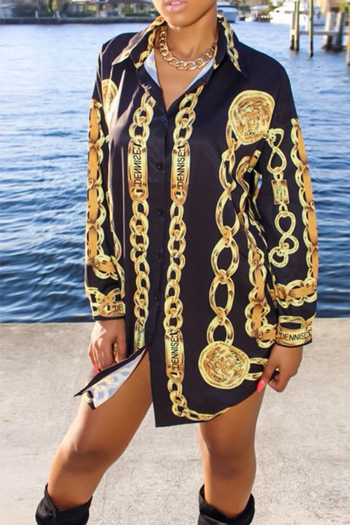  Casual Turndown Collar Printed Black Cotton Blend Mini Shirt Dress(With Belt)