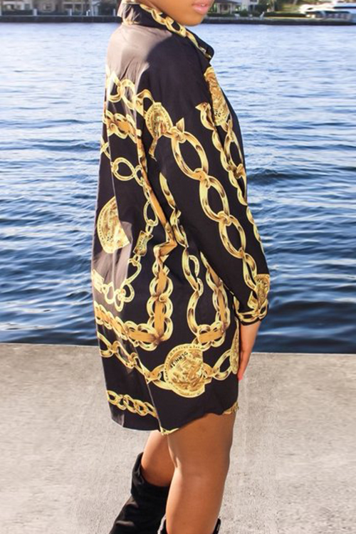  Casual Turndown Collar Printed Black Cotton Blend Mini Shirt Dress(With Belt)