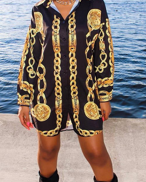 Casual Turndown Collar Printed Black Cotton Blend Mini Shirt Dress(With Belt) Casual Turndown Collar Printed Black Cotton Blend Mini Shirt Dress(With Belt)