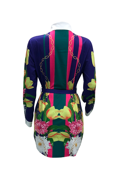  Casual Turndown Collar Printed Blue Cotton Blend Mini Shirt Dress(With Belt)