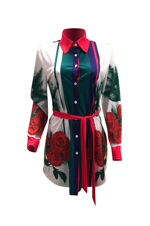  Casual Turndown Collar Printed White Cotton Blend Mini Shirt Dress(With Belt)