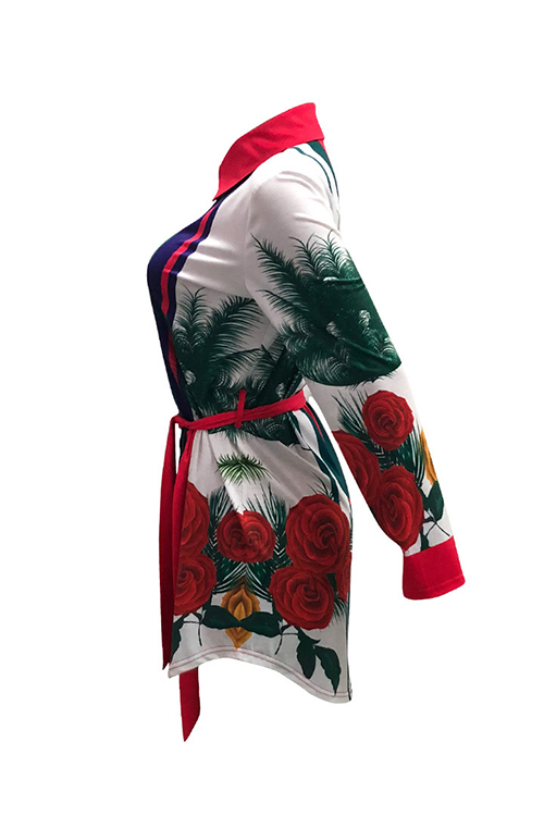  Casual Turndown Collar Printed White Cotton Blend Mini Shirt Dress(With Belt)