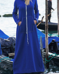  Casual V Neck Blue Milk Fiber Ankle Length Dress