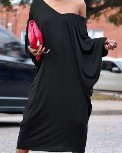 Casual V Neck Hollow-out Black Polyester Mid Calf Dress Casual V Neck Hollow-out Black Polyester Mid Calf Dress