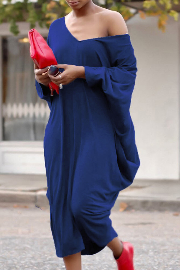  Casual V Neck Hollow-out Blue Polyester Mid Calf Dress