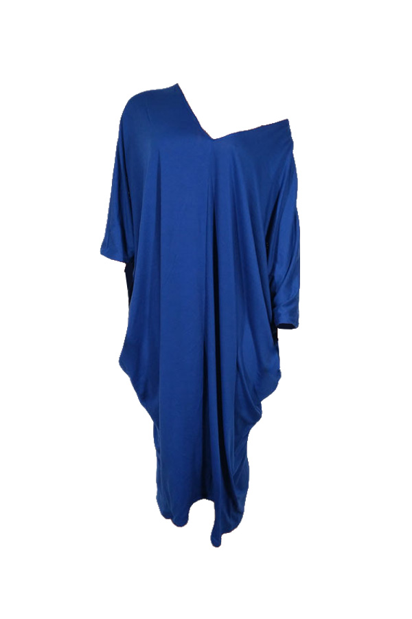  Casual V Neck Hollow-out Blue Polyester Mid Calf Dress