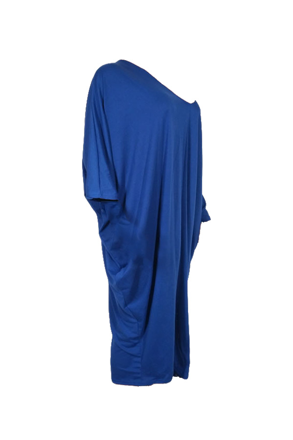  Casual V Neck Hollow-out Blue Polyester Mid Calf Dress