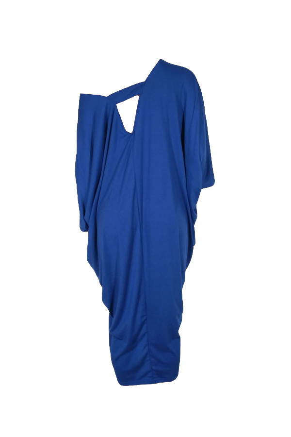  Casual V Neck Hollow-out Blue Polyester Mid Calf Dress