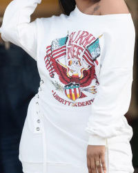  Casual V Neck Printed White Polyester Mini Dress