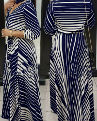  Causal V Neck Stripe Printed Blue Healthy Fabric Ankle Length Dress(Without Necklace)