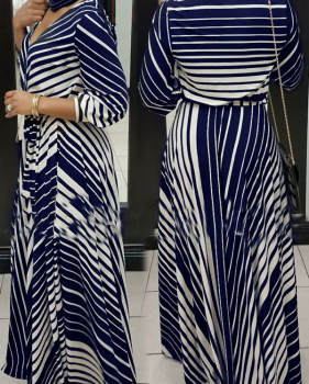  Causal V Neck Stripe Printed Blue Healthy Fabric Ankle Length Dress(Without Necklace)