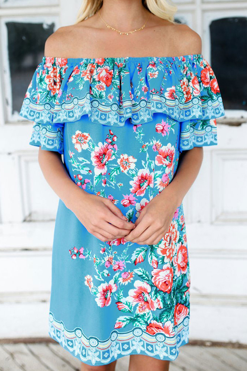  Era Of Floral Blue Mini Dress(Non Positioning Printing)