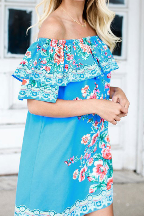  Era Of Floral Blue Mini Dress(Non Positioning Printing)