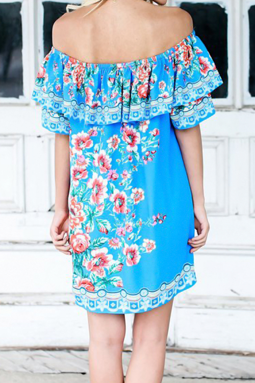  Era Of Floral Blue Mini Dress(Non Positioning Printing)