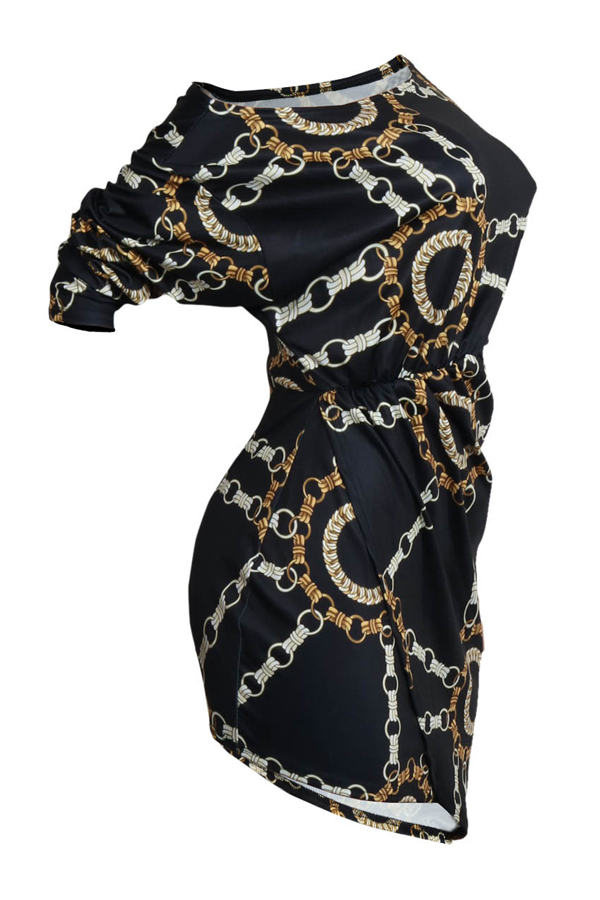  Euramerican Dew Shoulder Chain Printing Black Polyester Sheath Mini Dress