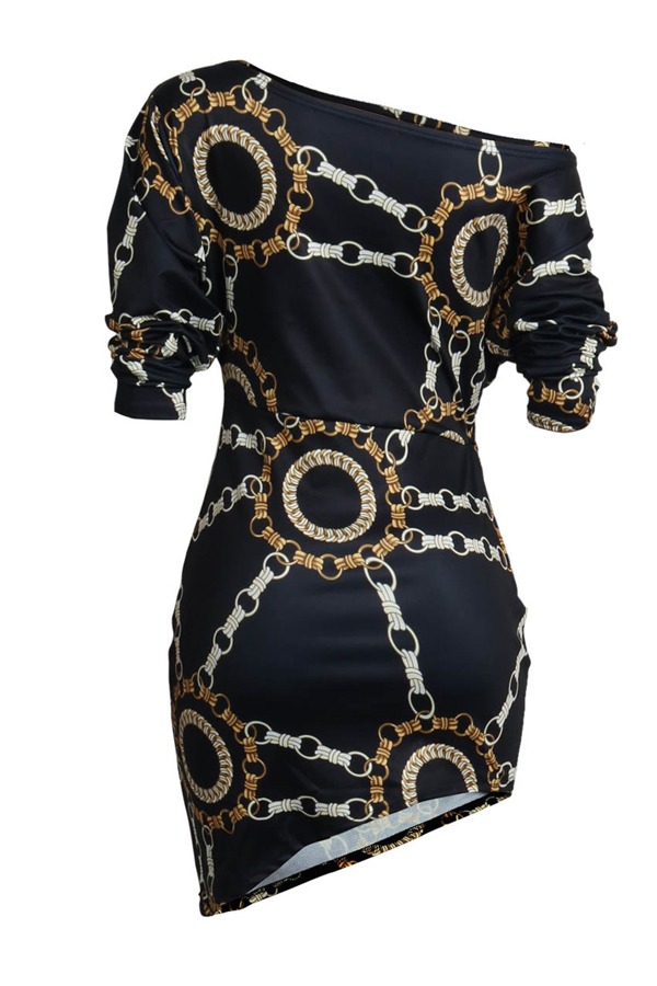  Euramerican Dew Shoulder Chain Printing Black Polyester Sheath Mini Dress