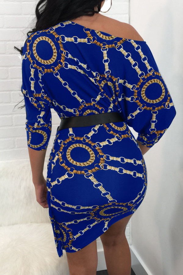  Euramerican Dew Shoulder Chain Printing Blue Polyester Sheath Mini Dress