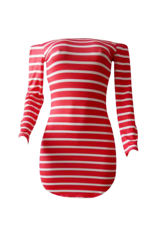  Euramerican Dew Shoulder Striped Red-white Milk Fiber Sheath Mini Dress