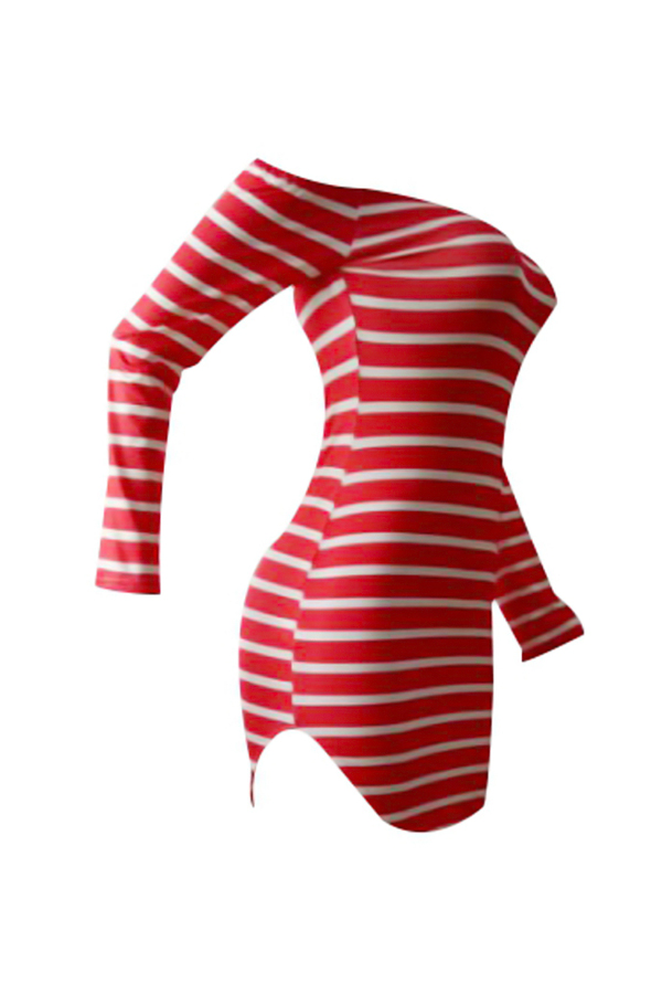  Euramerican Dew Shoulder Striped Red-white Milk Fiber Sheath Mini Dress