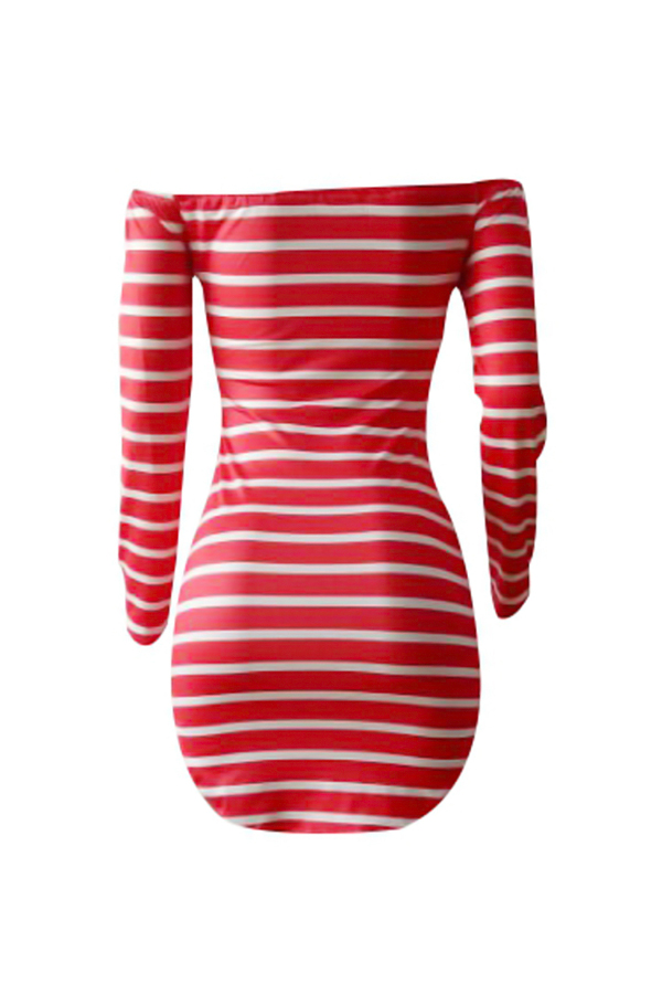  Euramerican Dew Shoulder Striped Red-white Milk Fiber Sheath Mini Dress