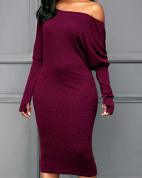  Euramerican Dew Shoulder Wine Red Cotton Blend Sheath Mid Calf Dress
