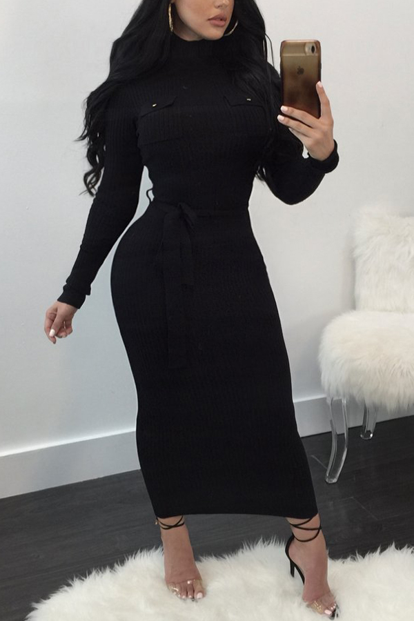  Euramerican Long Sleeves Black Polyester Sheath Mid Calf Dress