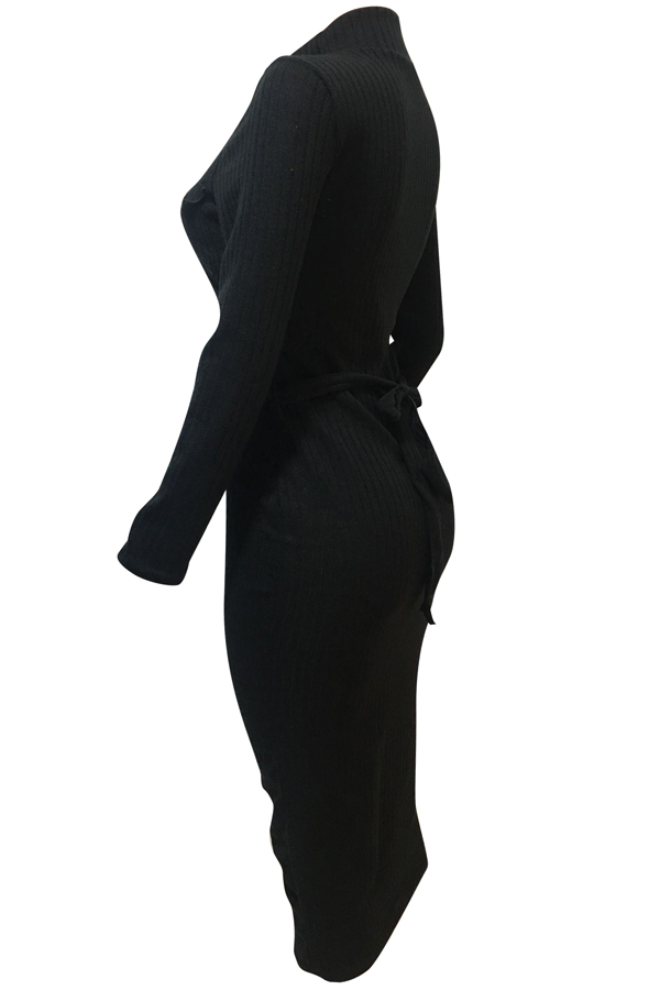  Euramerican Long Sleeves Black Polyester Sheath Mid Calf Dress