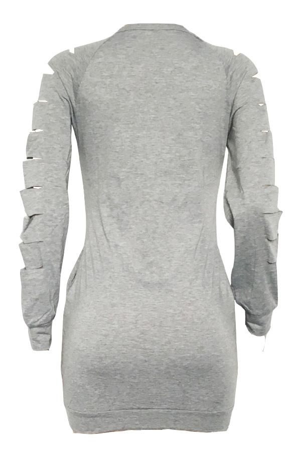  Euramerican Round Neck Long Sleeves Hollow-out Grey Polyester Sheath Mini Dress