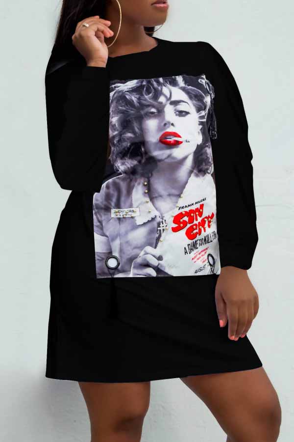  Euramerican Round Neck Portrait Printed Black Polyester Mini Dress