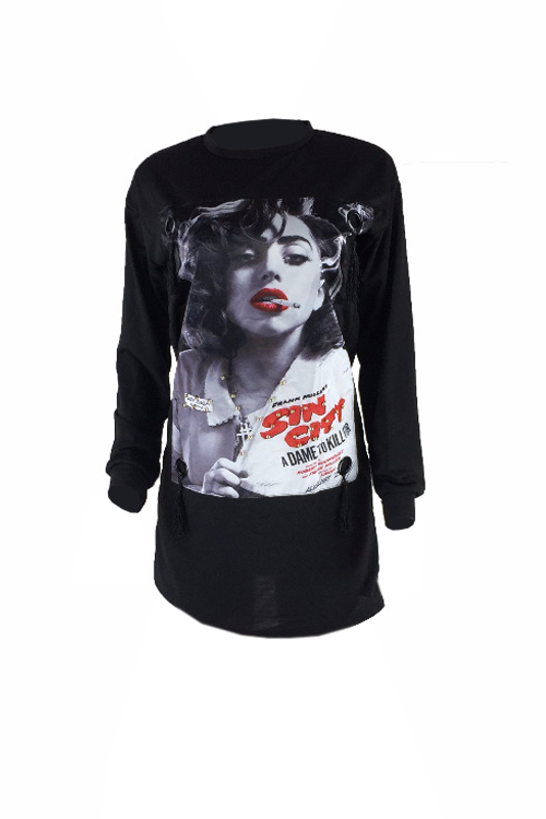  Euramerican Round Neck Portrait Printed Black Polyester Mini Dress