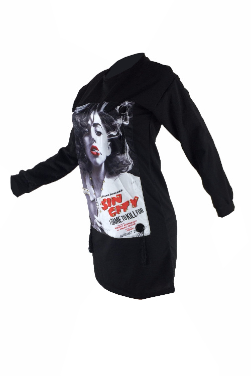  Euramerican Round Neck Portrait Printed Black Polyester Mini Dress