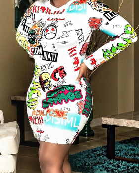  Euramerican Round Neck  Printed White Polyester Mini Dress