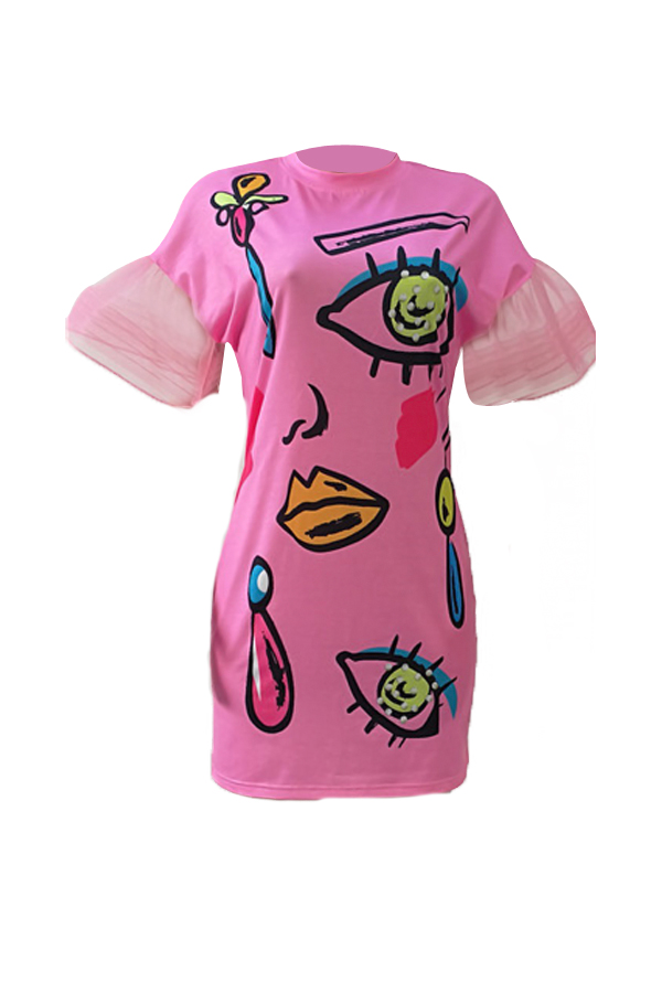  Euramerican Round Neck Short Sleeves Printed Pink Polyester Sheath Mini Dress