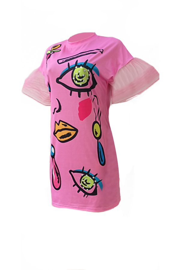  Euramerican Round Neck Short Sleeves Printed Pink Polyester Sheath Mini Dress