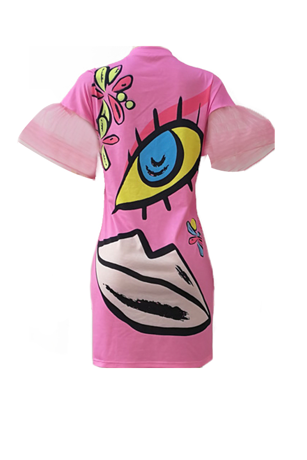  Euramerican Round Neck Short Sleeves Printed Pink Polyester Sheath Mini Dress