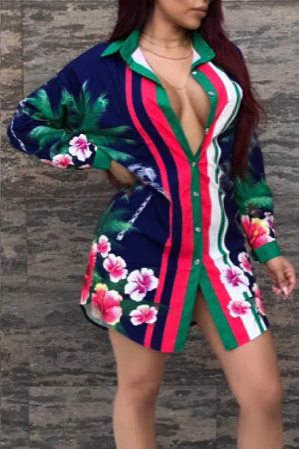  Euramerican Turndown Collar Floral Print Blue Polyester Mini Dress(Without Belt)