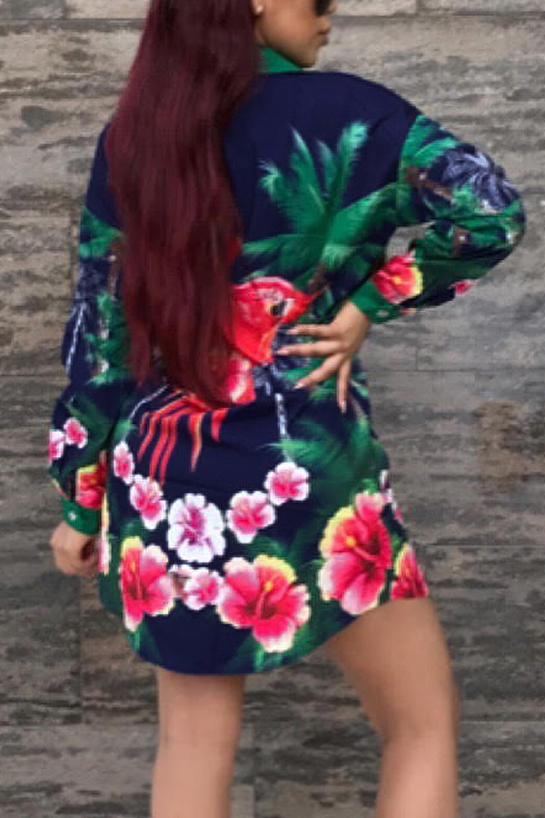  Euramerican Turndown Collar Floral Print Blue Polyester Mini Dress(Without Belt)