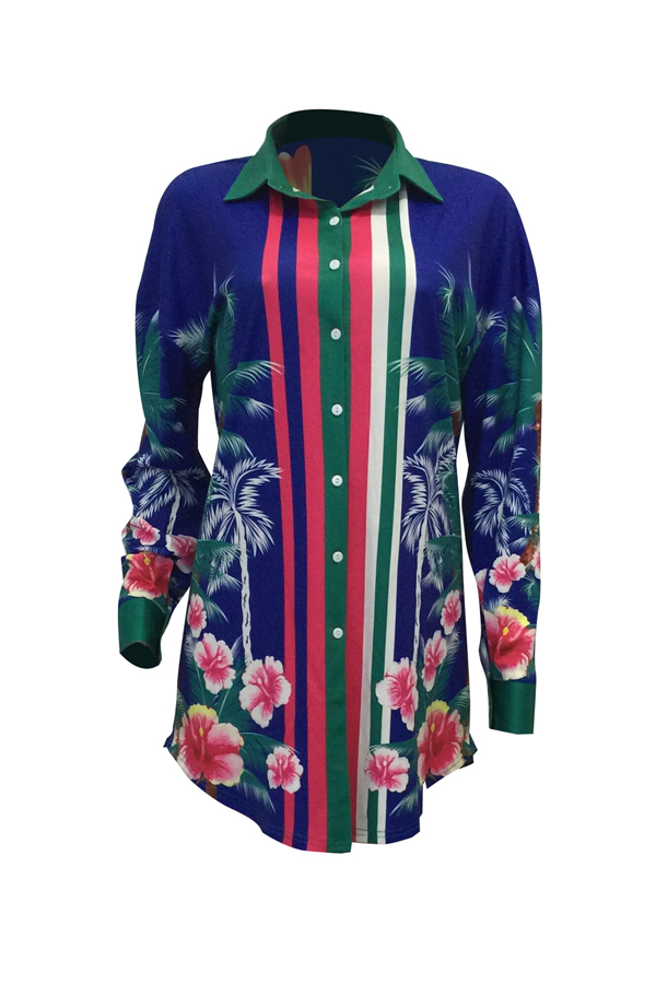  Euramerican Turndown Collar Floral Print Blue Polyester Mini Dress(Without Belt)