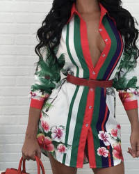  Euramerican Turndown Collar Floral Print White Polyester Mini Dress(Without Belt)