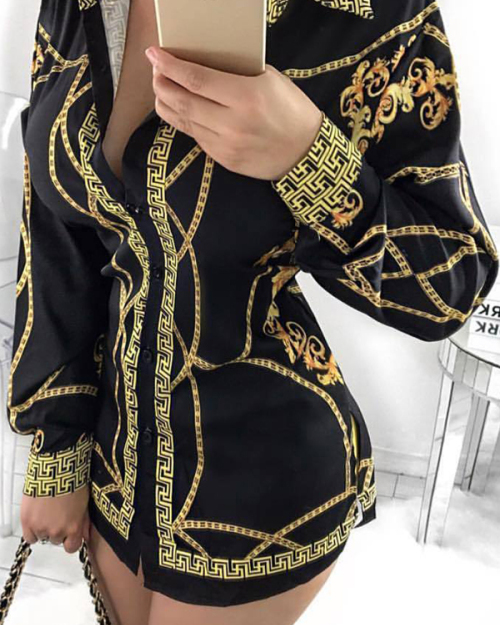 Euramerican Turndown Collar Printed Black Polyester Sheath Mini Dress Euramerican Turndown Collar Printed Black Polyester Sheath Mini Dress