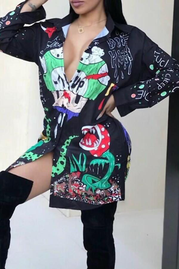  Euramerican Turndown Collar Printed Polyester Mini Shirt Dress