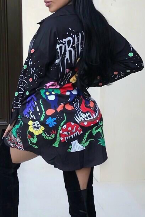  Euramerican Turndown Collar Printed Polyester Mini Shirt Dress