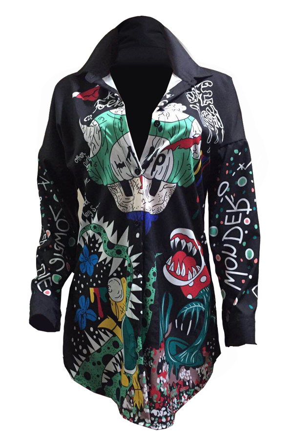  Euramerican Turndown Collar Printed Polyester Mini Shirt Dress