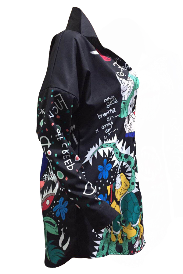  Euramerican Turndown Collar Printed Polyester Mini Shirt Dress