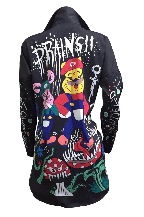  Euramerican Turndown Collar Printed Polyester Mini Shirt Dress