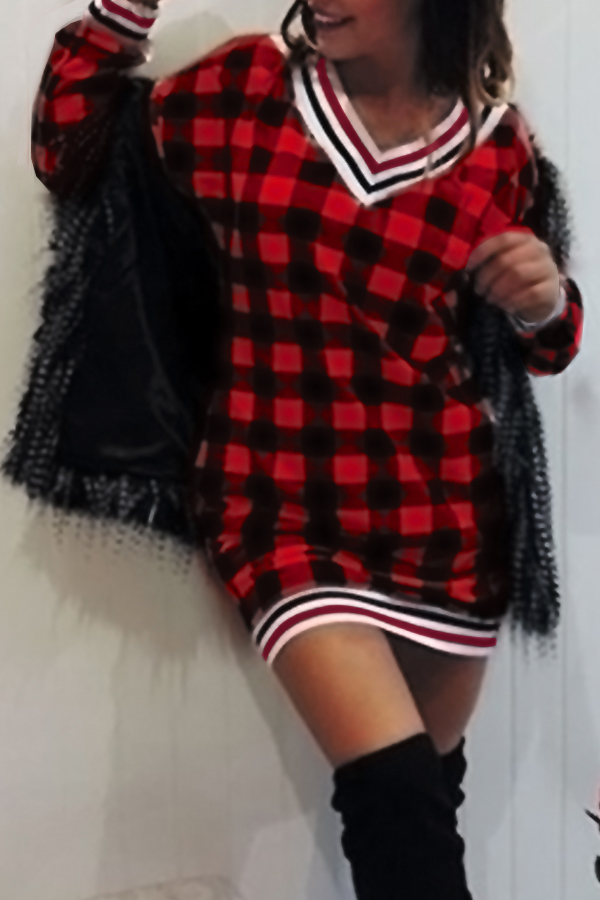  Euramerican V Neck Grid Patchwork Red Cotton Mini Dress