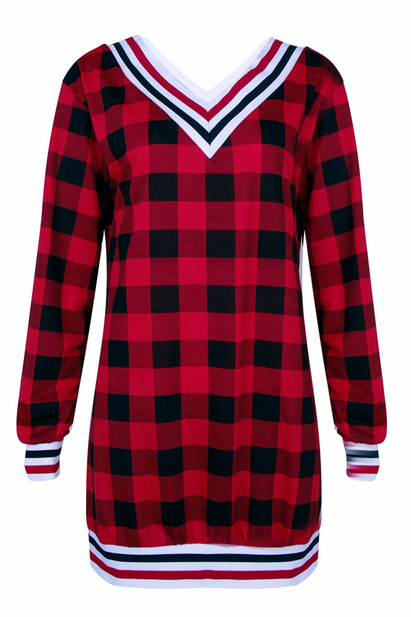  Euramerican V Neck Grid Patchwork Red Cotton Mini Dress