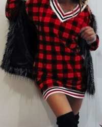  Euramerican V Neck Grid Patchwork Red Cotton Mini Dress