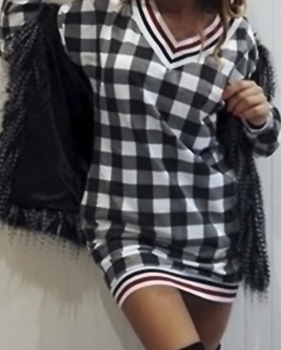  Euramerican V Neck Grid Patchwork White Cotton Mini Dress