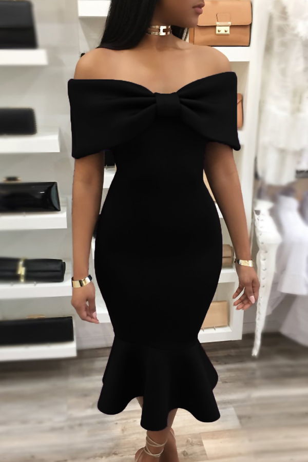  Fashion Bateau Neck Falbala Design Black Polyester Mid Calf Dress